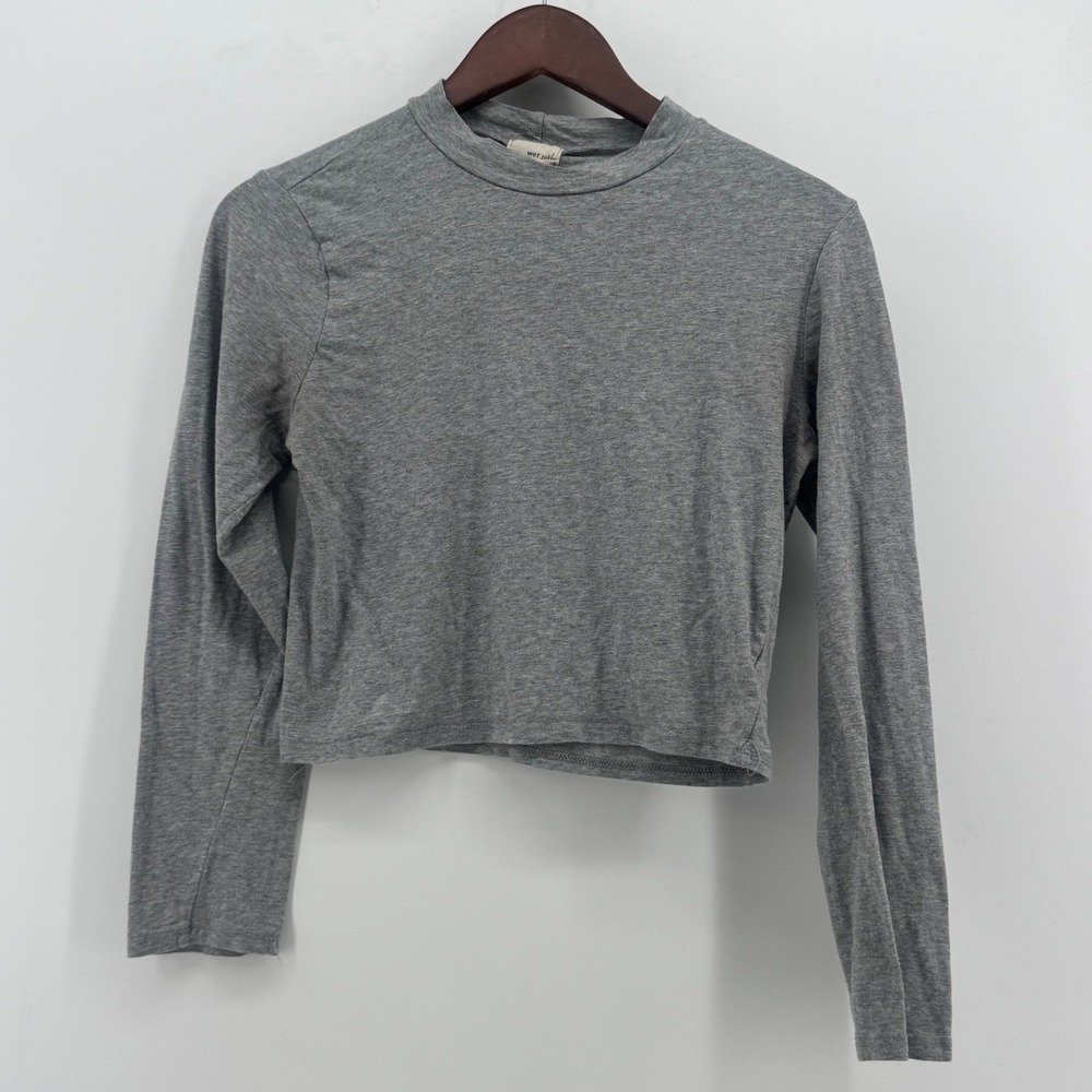 Wet Seal Womens Gray Heathered Long Sleeve Cropped Crew Neck T-Shirt Top